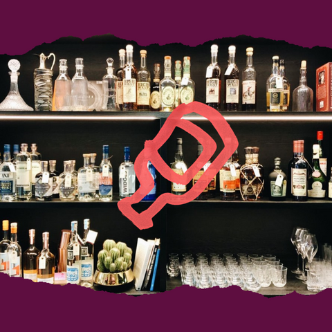 Illustration of a bottle in front of a shelf of craft spirits